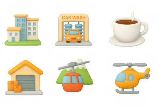3d cartoon style icons of urban elements including buildings, vehicles - Powered by Adobe