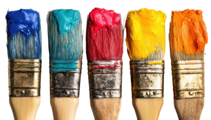 Five paintbrushes, tipped with vibrant paint colors