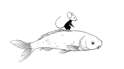 Fototapeta premium A simple black and white illustration of a mouse atop a fish