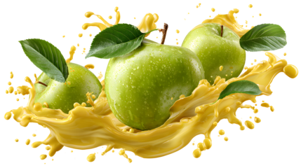 Juicy green apples with flow of yellow apple juice, green leaves, splashes levitated as flow isolated white background. Summer fruits, drink for advertising, label product, flyer, poster isolated on a
