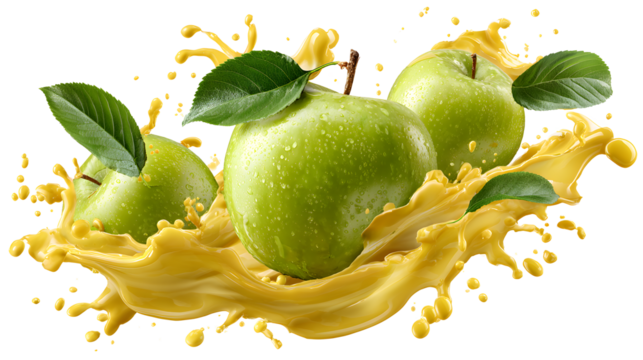 Juicy green apples with flow of yellow apple juice, green leaves, splashes levitated as flow isolated white background. Summer fruits, drink for advertising, label product, flyer, poster isolated on a