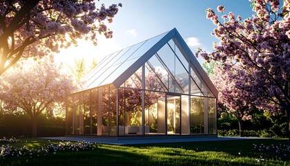 Obraz premium Glass Greenhouse in Garden with Blossoming Trees During Springtime