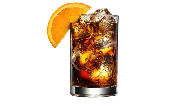 Dark, refreshing drink in a tall glass.  Orange slice on top.  Full of ice