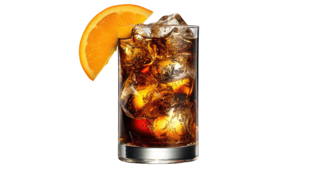 Dark, refreshing drink in a tall glass.  Orange slice on top.  Full of ice