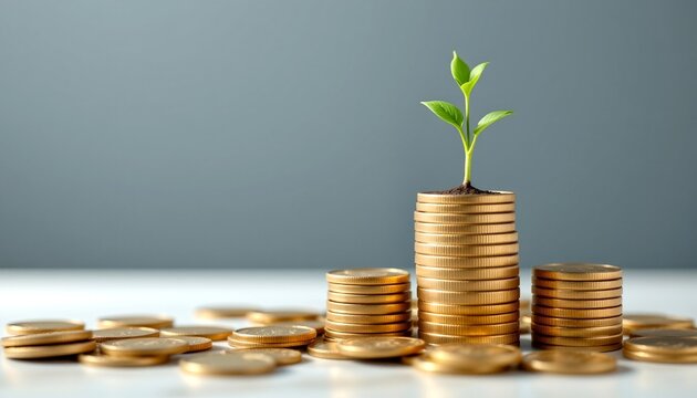 A stack of golden coins with a seedling sprouting from the top, symbolizing financial growth and investment. The image evokes a sense of prosperity and future potential