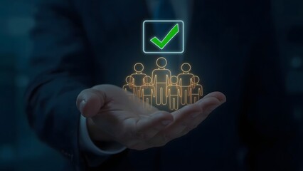Human Resources Recruitment and Hiring Concept, Human resource management, Businessman holds virtual icons representing potential candidates, illustrating HR recruitment and hiring.
