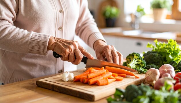 Primer plano de manos de mujer mayor picando verduras coloridas sobre tabla de madera en cocina luminosa (zanahoria, br&oacute;coli), detalles de piel arrugada, utensilios de acero y luz natural c&aacute;lida