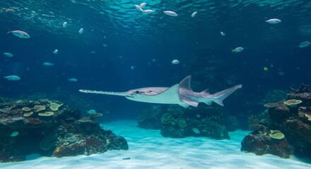 Sawfish Majesty Ancient Creature Glides in Turquoise Waters.