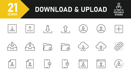 Download and Upload line icon set. Set of 21 outline icons related to download, upload, save, download file, document, link, folder, transfer, arrow and others. Editable stroke. Vector illustration.