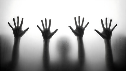Reaching hands, a silhouetted group, symbolize a collective human effort, their fingers stretching upwards like an abstract art illustration
