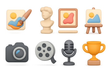 Creative arts and media icons in 3d style featuring tools and symbols