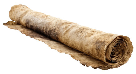 Rolled, aged parchment or leather scroll.  Light tan, with dark spots, laying horizontally