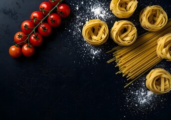 Fresh cherry tomatoes and assorted pasta on a dark surface with flour dust