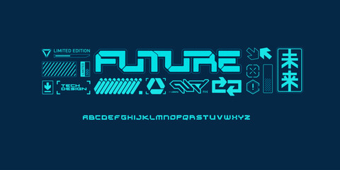 Futuristic Tech Font and HUD Interface Elements &ndash; Cyberpunk Vector Set. Futuristic neon font with HUD elements, symbols, hierogliph 'Future'  UI design for sci-fi, cyberpunk, tech and digitals dsgn