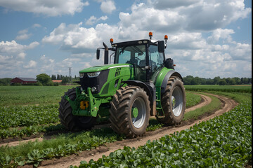 Fototapeta premium Tractor - modern agriculture equipment. Tractor on the farm - modern agriculture equipment in field