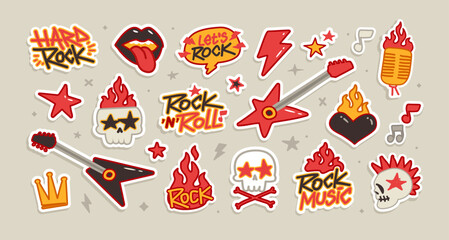 Rock and Roll Doodle Sticker Set – Punk, Skull, Guitar, Fire, Music Icons. Cool rock music doodle sticker set with skulls, guitars, flames, punk symbols. Perfect for music dsgn, apparel and merch