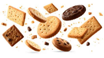 Mixed Cracker Butter Cookie Chocolate chip fall fly in mid air, cookie cracker floating. Mixed Cracker Butter Cookie Chocolate chip crack crunch throw in air isolated on a white background