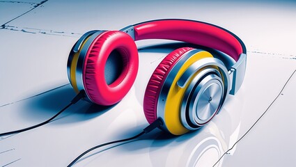 音楽制作やDJに最適なポップでカラフルなプロフェッショナルモニターヘッドホンのイラスト  