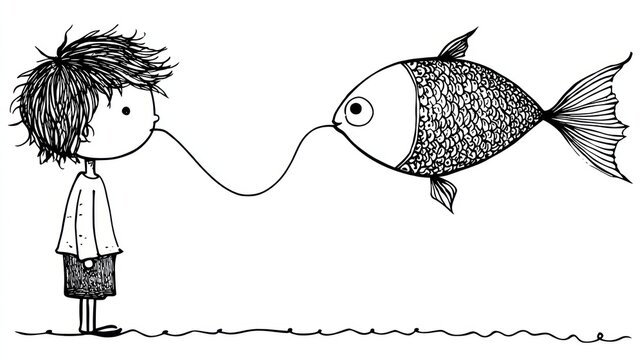 Boy and fish connected by string