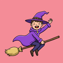 A cheerful cartoon wizard with a purple hat and cloak flying on a broomstick, waving mid-air against a solid pink background.