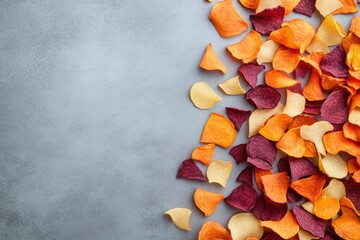 A vibrant mix of sweet potato, beet, and carrot chips scattered in a geometric pattern. The colorful, crunchy snack highlights healthy and nutritious options in a visually appealing presentation.