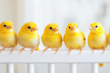 Fototapeta premium A playful row of yellow canaries with wings slightly spread peers over a sleek white table. These tiny songbirds display their bright plumage, embodying avian charm and curiosity.