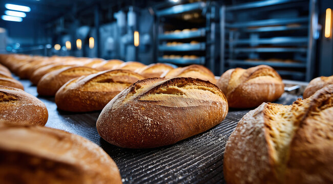 Du pain frais sur la cha&icirc;ne de production d'une boulangerie industrielle, &eacute;clairage &agrave; haute luminosit&eacute;, gros plan avec une faible profondeur de champ.
