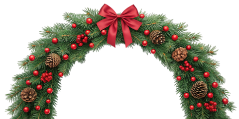 Festive christmas garland archway adorned with red berries pinecones and a prominent red bow creating a welcoming holiday entrance against a dark background
