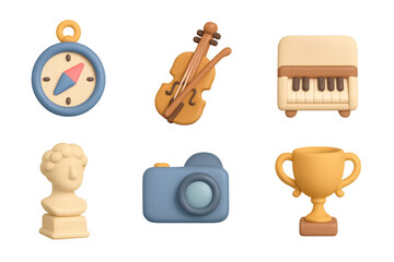 3d icons: compass, violin, piano, sculpture, camera, trophy