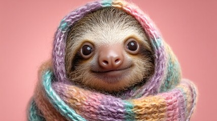 Baby sloth wrapped in a colorful knitted scarf.