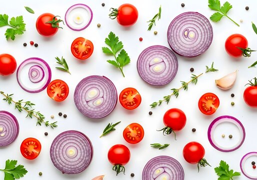 Fresh red onions and cherry tomatoes scattered with herbs and peppercorns - Powered by Adobe