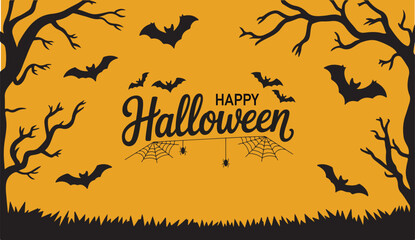 Happy halloween illustration with bats trees and spiderwebs on an orange background design vector