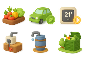 Eco-friendly icons set featuring gardening, composting, and green energy elements in 3d cartoon style