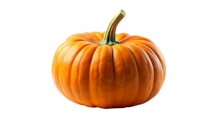 A whole, uncarved orange pumpkin with a green stem, isolated on a transparent background