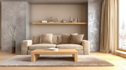 Modern beige living room with wooden accents