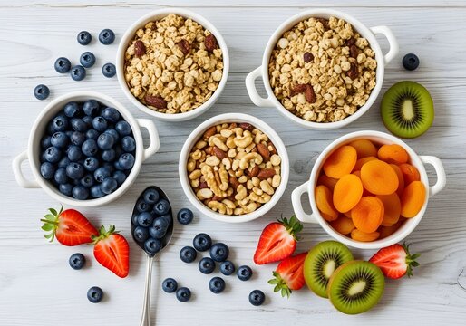 Healthy breakfast bowls featuring granola blueberries strawberries kiwi and dried apricots