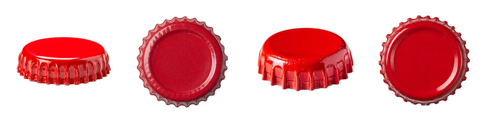 Set of red bottle caps isolated on transparent background.