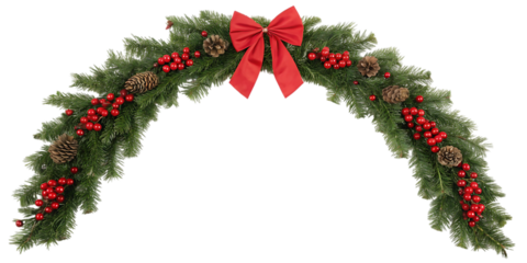 Festive christmas garland with bright red berries and pinecones adorned with a large red bow perfect for holiday decorating and seasonal celebrations
