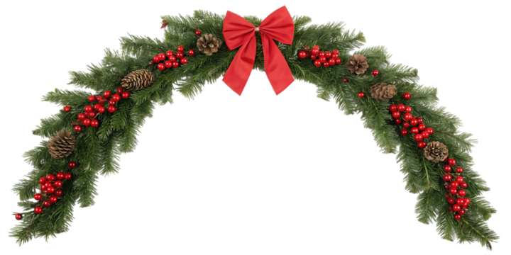 Festive christmas garland with bright red berries and pinecones adorned with a large red bow perfect for holiday decorating and seasonal celebrations