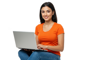 Young woman smiling while using laptop isolated on transparent background