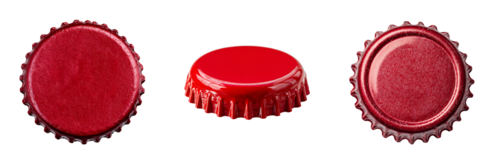 Set of red bottle caps isolated on transparent background.