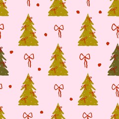 Seamless Christmas pattern with festive trees, bows, candy canes, and holly leaves. Hand-drawn pastel design on a light blue background. Perfect for wrapping paper, holiday textiles, greeting cards, a