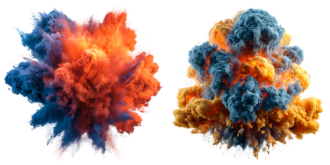 Set of colorful fire and smoke explosions with vibrant plumes on transparent background.