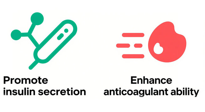Green insulin pen, red anticoagulant icon, insulin secretion promotion, anticoagulant ability enhancement, for diabetes management and blood health scenarios.