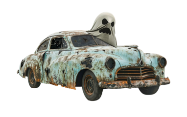Car with Apparition Inside on white background