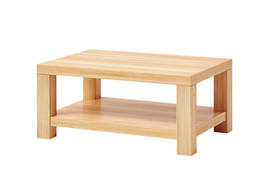 Light-colored wooden coffee table, rectangular shape, simple design, with a single shelf below the tabletop