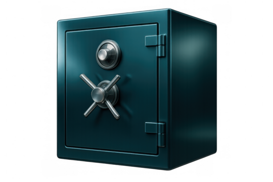 Metal safe featuring combination lock, handle, standing against transparent backdrop, representing secure storage and asset protection
