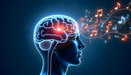 Obraz premium Abstract visual of a human head with music notes flowing outward, symbolizing creative imagination and neural inspiration driven by music
