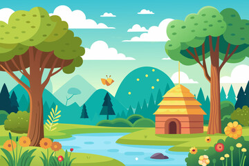 Naklejka premium A vibrant cartoon illustration of a summer landscape features a green meadow, sun, and flowers under a blue sky with a few clouds