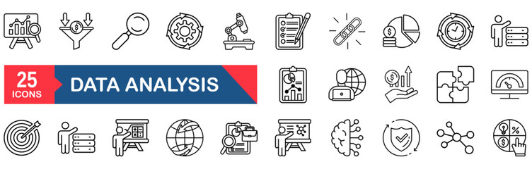 Data analysis set of web icons in line style. Data analytics icons for web and mobile app. Graphs, traffic analysis, data processing, research network collection, statistics, analytics, performance.